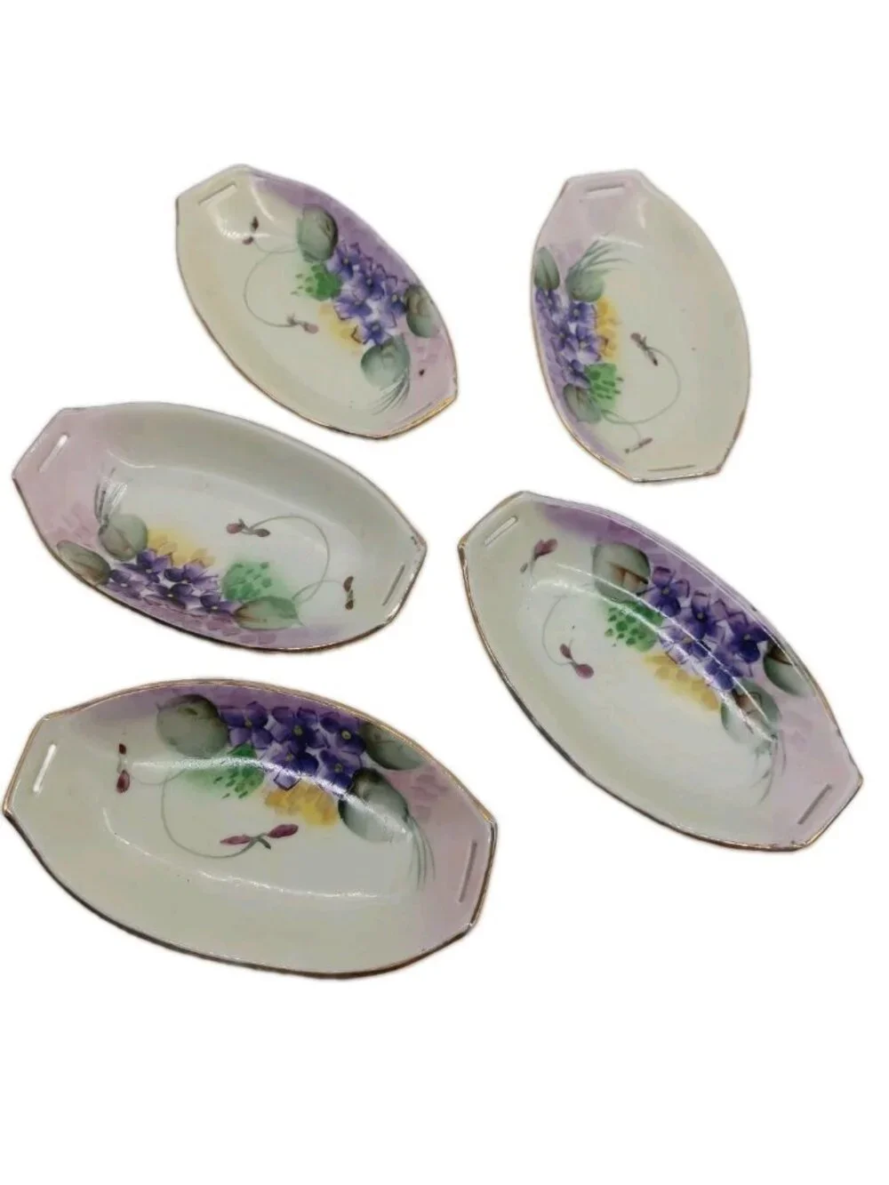 Nippon Salt Cellars Dish Set Of 5 Japan Hand Painted Purple Flowers